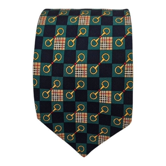 BURBERRYS Blue/Green Equestrian Tartan Silk Tie ITALY 60"/ 3.7" EC - Picture 1 of 6